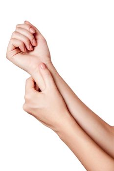 Closeup view of a young woman with pain on hand on white background.
