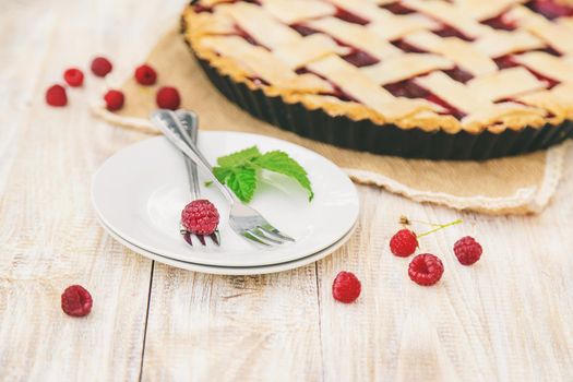 Raspberry pie on the table. Selective focus. food.