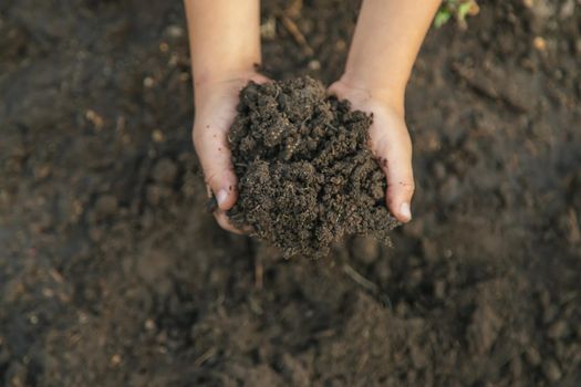 Child in the garden with the earth in his hands. Selective focus. nature.