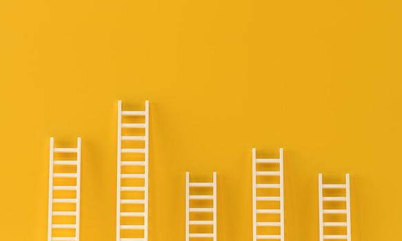 Ladder achievement collection on yellow wall. minimal studio background. imagination concept. 3d rendering