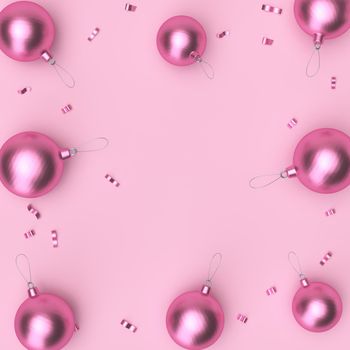 Christmas balls and confetti on pink studio background with copy text space perfect for poster and advertising. 3D Rendering