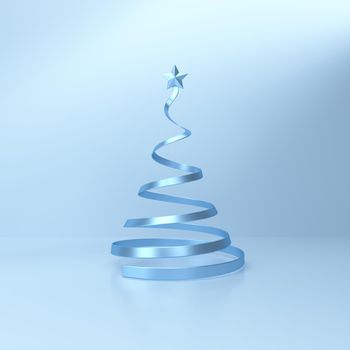 Christmas tree with a star at the top on blue studio background. xmas tree. Christmas poster, card. 3D Rendering