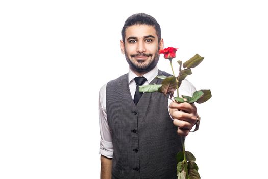 Handsome romantic happy man with rose flower. studio shot. isolated on white background. holding and giving flower and looking at camera and smiling..