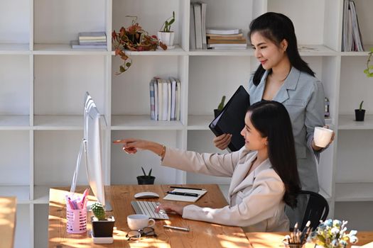 Businesswoman pointing on screen of computer and explaining business information to her colleague.