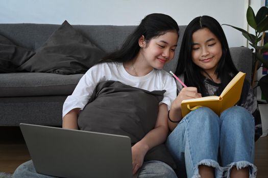 Two smiling asian girls surfing internet or doing homework with laptop computer in living room.