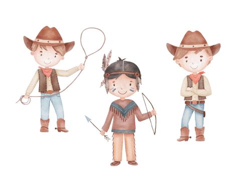Watercolor hand drawn illustration set with indians boy in costume and cowboy with rope lasso. Cute childish illustration isolated on white background