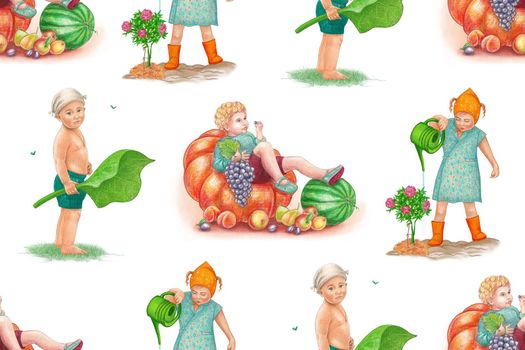 Seamless pattern. Summer. Children in various poses, eating fruits, watering flowers, playing barefoot. Watercolor style on a white background.