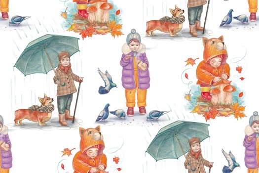 Seamless pattern. Autumn. Children in various poses, picking mushrooms, walking in the rain, feeding pigeons. Watercolor style on a white background.