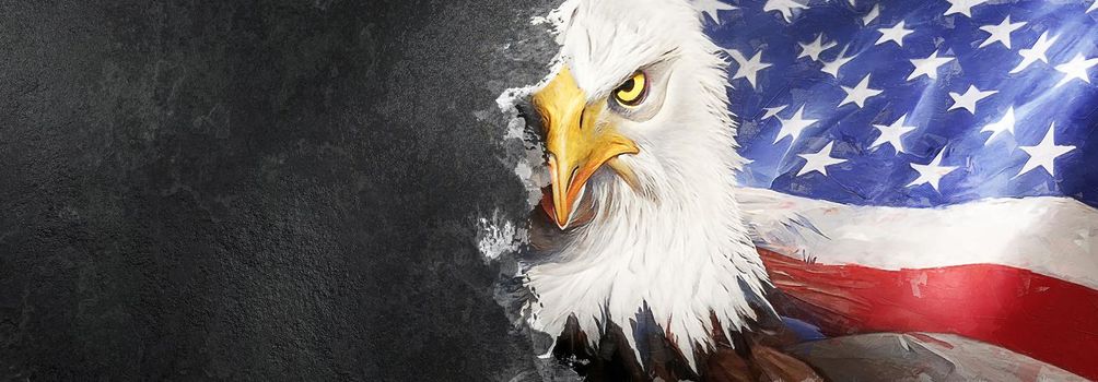 USA Flag on Cement Background with fierce eagle. American Symbol. 4th of July or Memorial Day of United States. Copy Space Text
