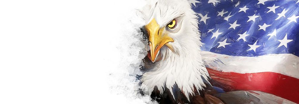 Independence Day Banner with USA Flag,Eagle and White Background. Copyspace text