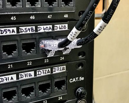 Enumerated ethernet patch panels with cables connected to the ports. Communication closet with patch panels mounted on the wall rack