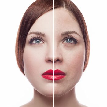Beautiful woman's portrait isolated on white background, before and after retouch, skin care.