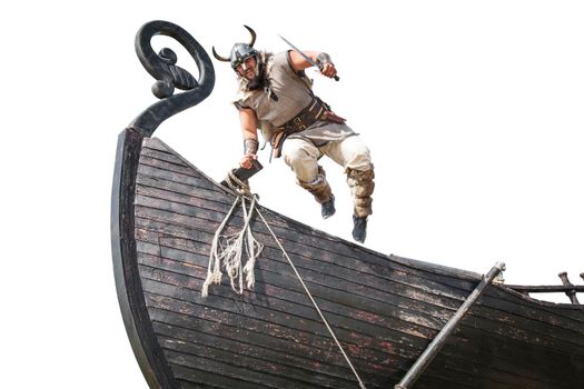Strong angry bearded Viking with knife jumping from his ship to attack and war. isolated on white background.