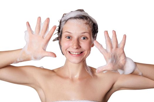 Beautiful woman taking a shower and shampooing her hair. washing hair with Shampoo. studio shot isolated on white background.
