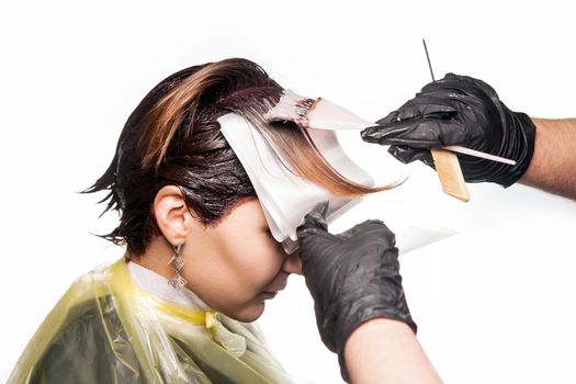 Professional hairdresser dyeing hair of her client. studio shot. isolated on white background, .