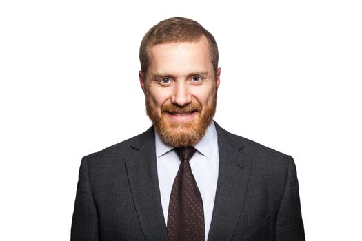 Happy smilely businessman looking at camera with toothy smile. isolated on white, looking at camera.