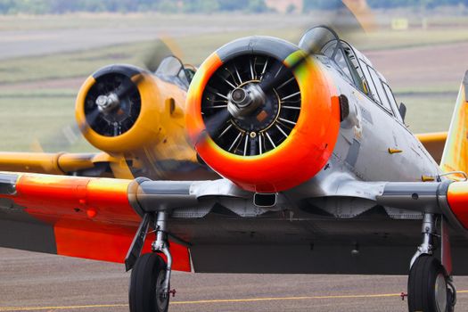 Two classic aerobatic airplanes at airport with synchronized running engines, South Africa