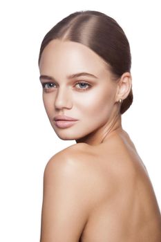 portrait of beautiful model with good skin on white background.