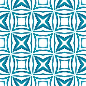 Ethnic hand painted pattern. Blue attractive boho chic summer design. Watercolor summer ethnic border pattern. Textile ready ideal print, swimwear fabric, wallpaper, wrapping.