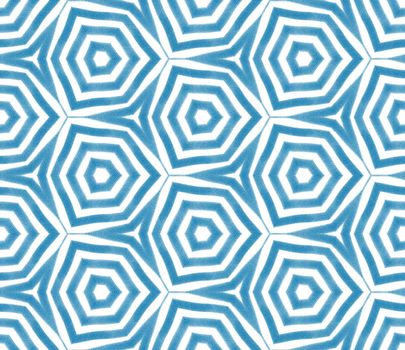 Striped hand drawn pattern. Blue symmetrical kaleidoscope background. Textile ready rare print, swimwear fabric, wallpaper, wrapping. Repeating striped hand drawn tile.