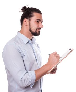 Businessman Writing on a Clipboard, Isolated. Young Man with Hair Bun. Stock image