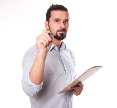 Businessman Writing on a Clipboard, Isolated. Young Man with Hair Bun. Stock image