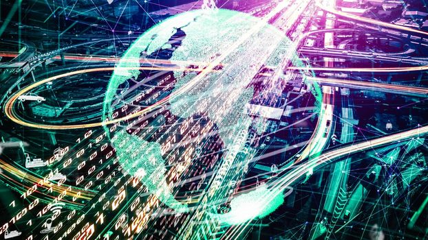 Smart transportation in tacit futuristic city with online traffic control system . Concept of smart digital transformation and technology disruption that changes global trends in new information era .