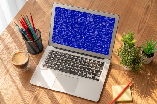 Mathematic equations and modish formula on computer screen showing concept of science and education