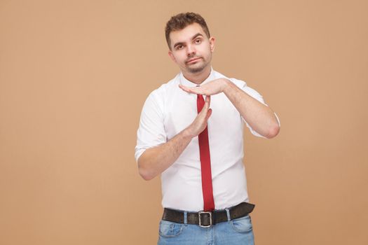 Business man need time out in work. Business people concept, good and bad emotion and feelings. Studio shot, isolated on light brown background