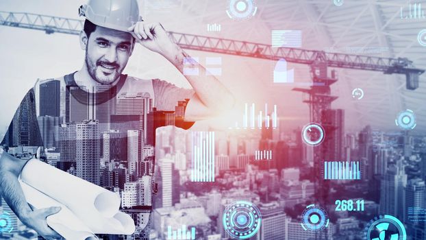 Future building construction and inventive engineering project concept with HUD hologram graphic design. Building engineer, architect people or construction worker works with modern civil technology.