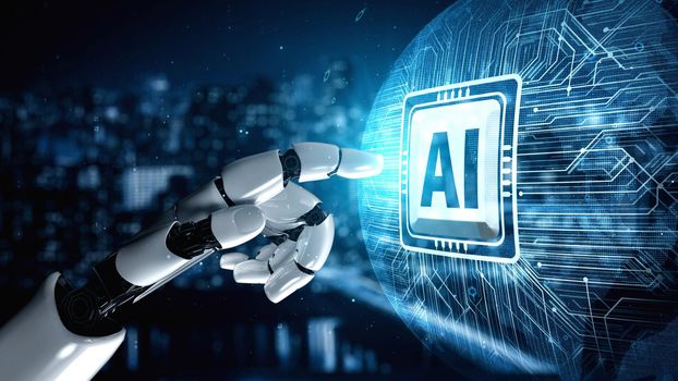 Futuristic robot artificial intelligence enlightening AI technology development and machine learning concept. Global robotic bionic science research for future of human life. 3D rendering graphic.