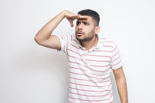 Portrait of attentive handsome bearded young man in striped t-shirt standing with hand on forehead and trying to look at something far. indoor studio shot, isolated on white background.