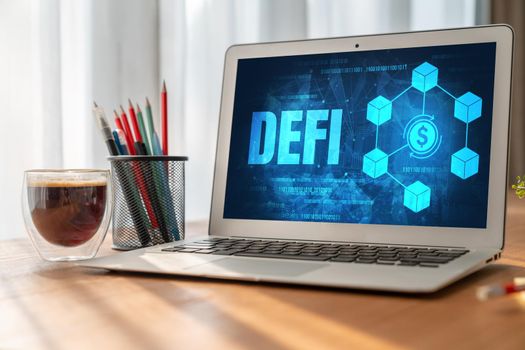 Decentralized finance or DeFi concept on modish computer screen . The defi system give new choice of investment and money saving .
