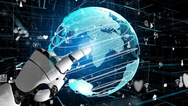 Futuristic robot artificial intelligence revolutionary AI technology development and machine learning concept. Global robotic bionic science research for future of human life. 3D rendering graphic.