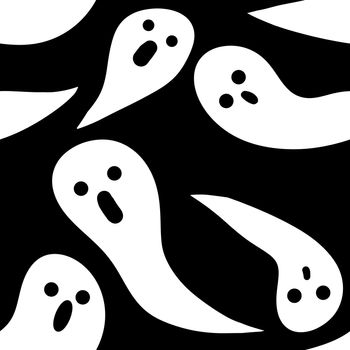 Seamless hand drawn black and white Halloween pattern with cartoon ghost skull bones pumpkin bat. Cute minimalist background for kids party invitation tesxtile wrapping paper. October nursery print
