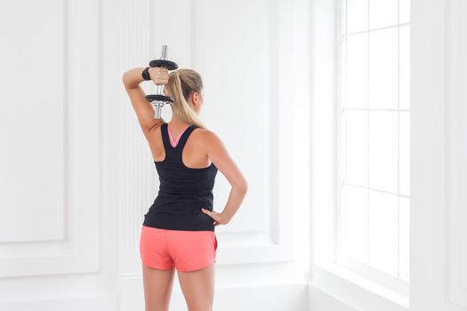 Striving for strong. Backside of young adult motivation athletic bodybuilder woman in pink shorts and black top standing, holding dumbells doing exercise for arms at the gym with perfect figure.