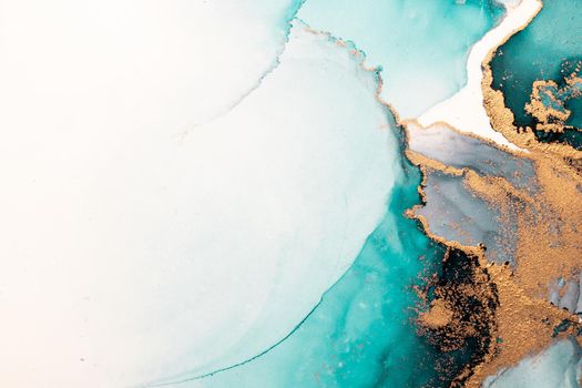 Ocean blue abstract background of marble liquid ink art painting on paper . Image of original artwork watercolor alcohol ink paint on high quality paper texture .