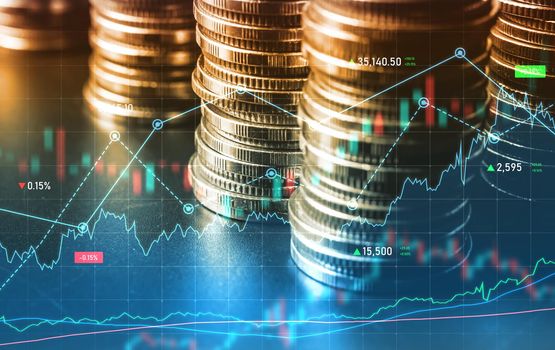 Finance and money technology background concept of business prosperity and asset management . Creative graphic show economy and financial growth by investment in valuable asset to gain wealth profit .