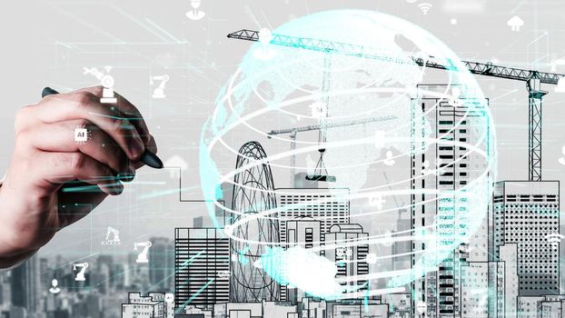 City civil planning and inventive real estate development . Architect people looking at abstract city sketch drawing to design creative future city building. Architecture dream and ambition concept.