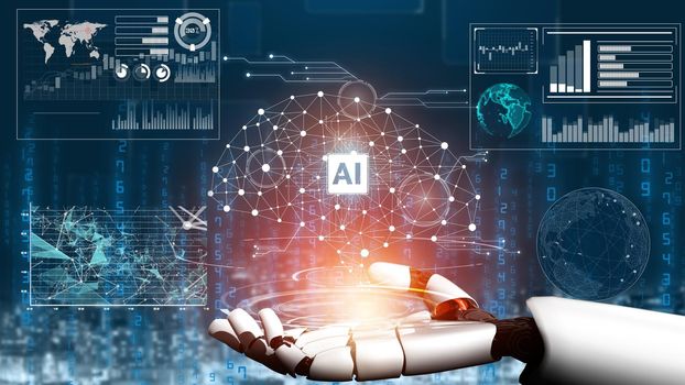 Futuristic robot artificial intelligence revolutionary AI technology development and machine learning concept. Global robotic bionic science research for future of human life. 3D rendering graphic.
