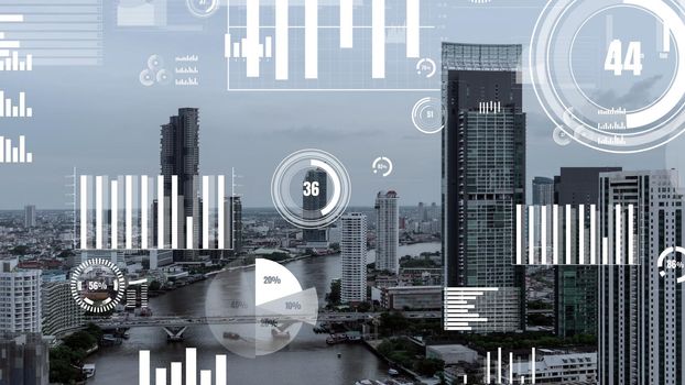 Business data analytic interface fly over smart city showing alteration future of business intelligence. Computer software and artificial intelligence are used to analyze big data for strategic plan .
