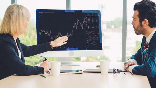 Stock market data chart analysis by ingenious computer software . Investment application display stock market chart on the computer screen and advise trading decision .