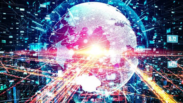 Futuristic global network and tacit digital data transfer 3D graphic . Concept of smart digital transformation and technology disruption that changes global trends in new information era .