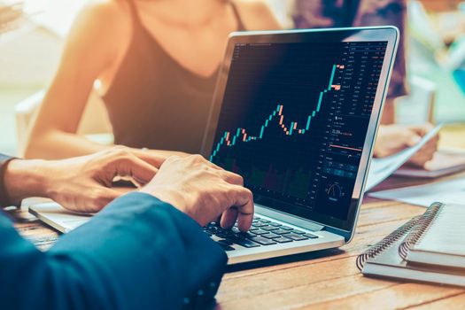 Stock market data chart analysis by ingenious computer software . Investment application display stock market chart on the computer screen and advise trading decision .