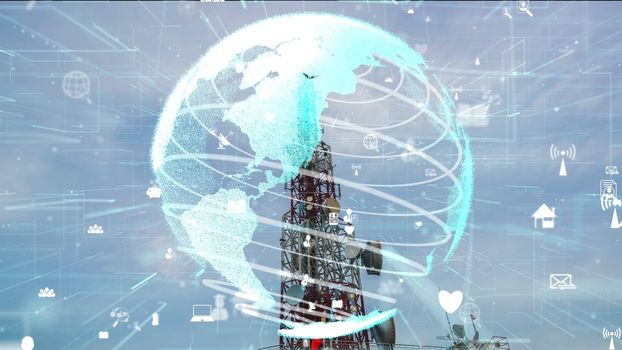 Telecommunication tower with 3D graphic of global business alteration and e-commerce against blue sky in concept of worldwide internet network connections .