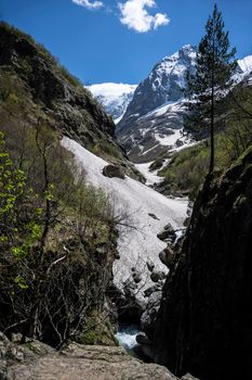 Caucasian mountains in Dombay in Russia in spring.