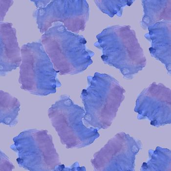 Seamless Pattern with Blue and Violet Watercolor Spots. Hand Drawn Blobs on Gray Background.