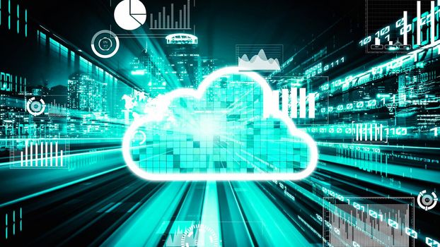 Cloud computer and online data storage with tacit intelligent sharing software . Concept of smart digital transformation and technology disruption that changes global trends in new information era .