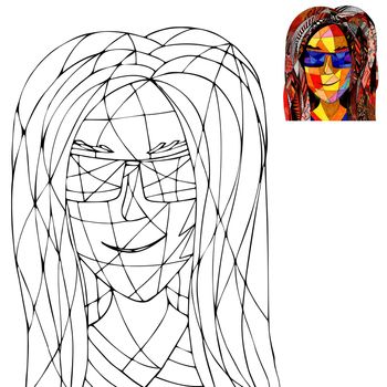Coloring Page with a Fantasy Woman, Hand Drawn Stained Glass Portrait. Hand-Drawn Coloring Book of an Attractive Girl.