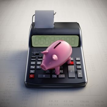 Piggy bank standing on calculator. 3D illustration.